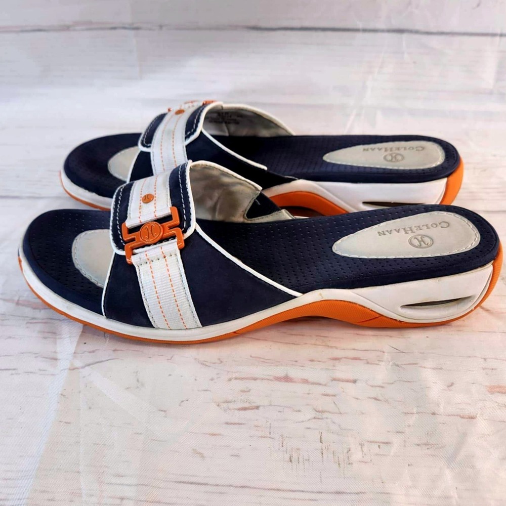 Cole Haan Leather Slides Sandals - Comfortable Slip On - Navy, White, Coral